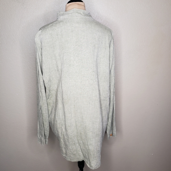 FLAX 100% Linen Long Sleeve Button Down Shirt Green Medium - Picture 2 of 7